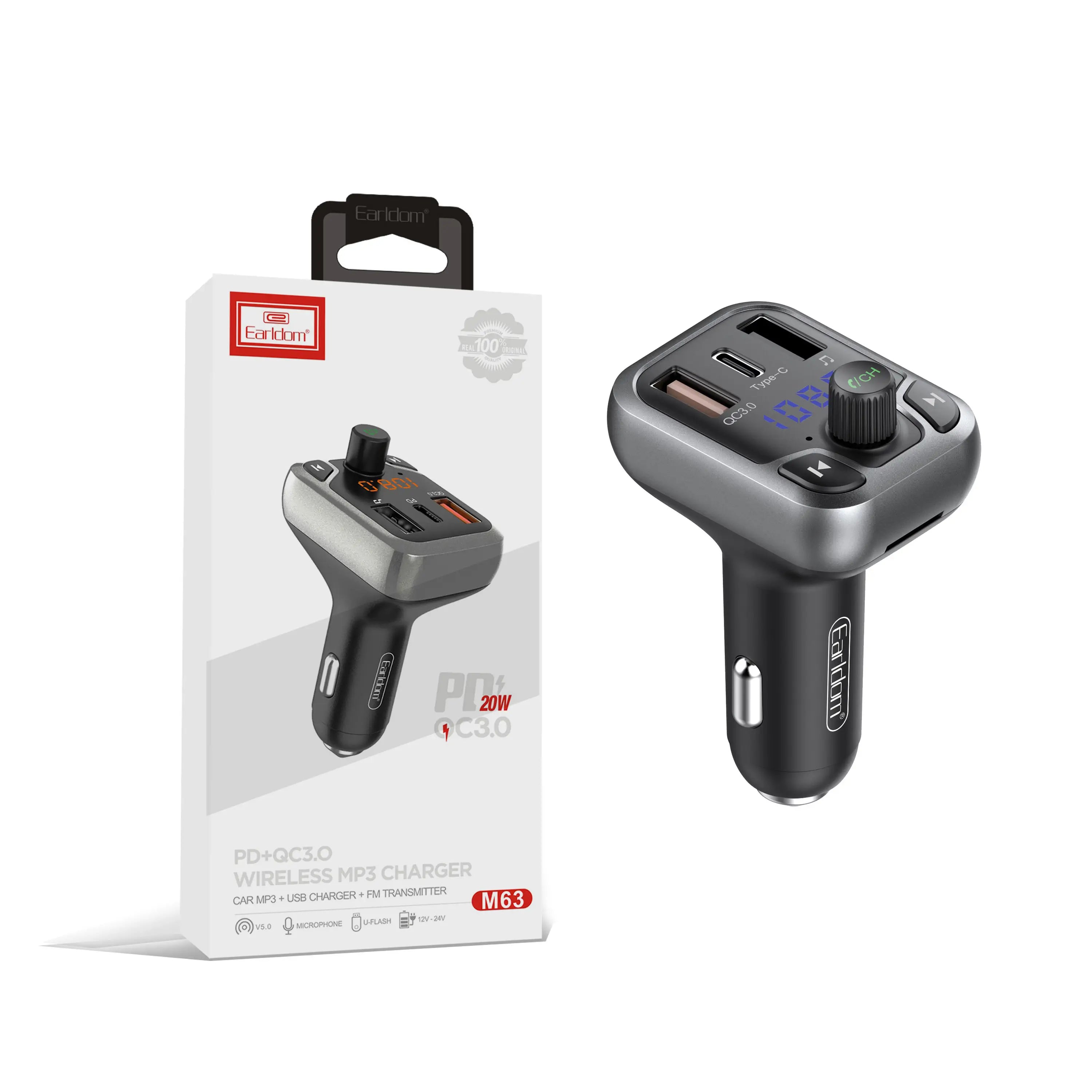 Earldom PD+QC3.0 20W Bluetooth FM Transmitter Charger ET-M63